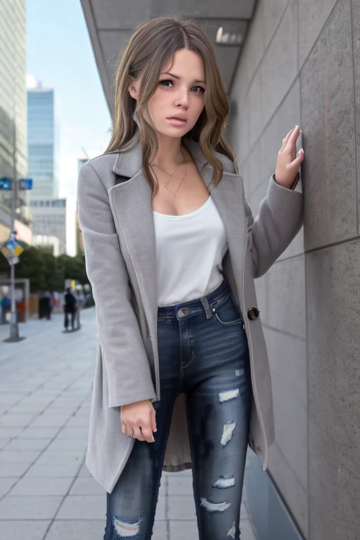 1girl,(solo:1.5),(solo focus:1.5),blonde hair,hair over one eye,hair ornament,very long hair,wavy hair,grey eyes,large breasts,desperation,standing,wetting self,peeing stain,coat,black jeans,embarrassed,humiliated,futuristic,city,neon lights,(best quality,4k,8k,highres,masterpiece:1.2),ultra-detailed,vivid colors,sharp focus,long hair flowing in the wind,(colorful skyscrapers:1.5),reflection in the wet pavement,expressions of desperation and embarrassment captured perfectly,futuristic cityscape as the background,streets lined with towering buildings,intricate details in face and hair,subtle reflections in her grey eyes,subtle blush on her cheeks,revealing her embarrassment,intricate details depicting the large pee stain on jeans