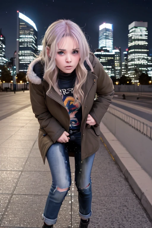 1girl,(solo:1.5),(solo focus:1.5),blonde hair,hair over one eye,hair ornament,very long hair,wavy hair,grey eyes,large breasts,desperation,standing,wetting self,peeing stain,coat,black jeans,embarrassed,humiliated,futuristic,city,neon lights,(best quality,4k,8k,highres,masterpiece:1.2),ultra-detailed,vivid colors,sharp focus,long hair flowing in the wind,(colorful skyscrapers:1.5),reflection in the wet pavement,expressions of desperation and embarrassment captured perfectly,futuristic cityscape as the background,streets lined with towering buildings,intricate details in face and hair,subtle reflections in her grey eyes,subtle blush on her cheeks,revealing her embarrassment,intricate details depicting the large pee stain on jeans