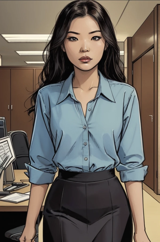  2d cartoon,masterpiece, An asian woman, office uniform, bold makeup