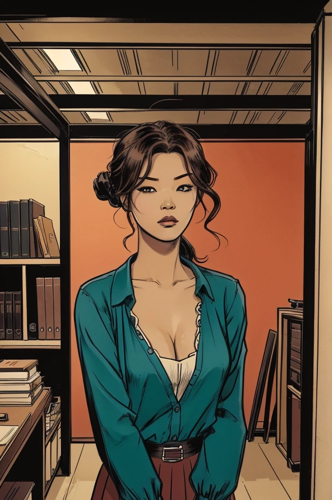 2d cartoon,masterpiece, An asian woman, office uniform, bold makeup