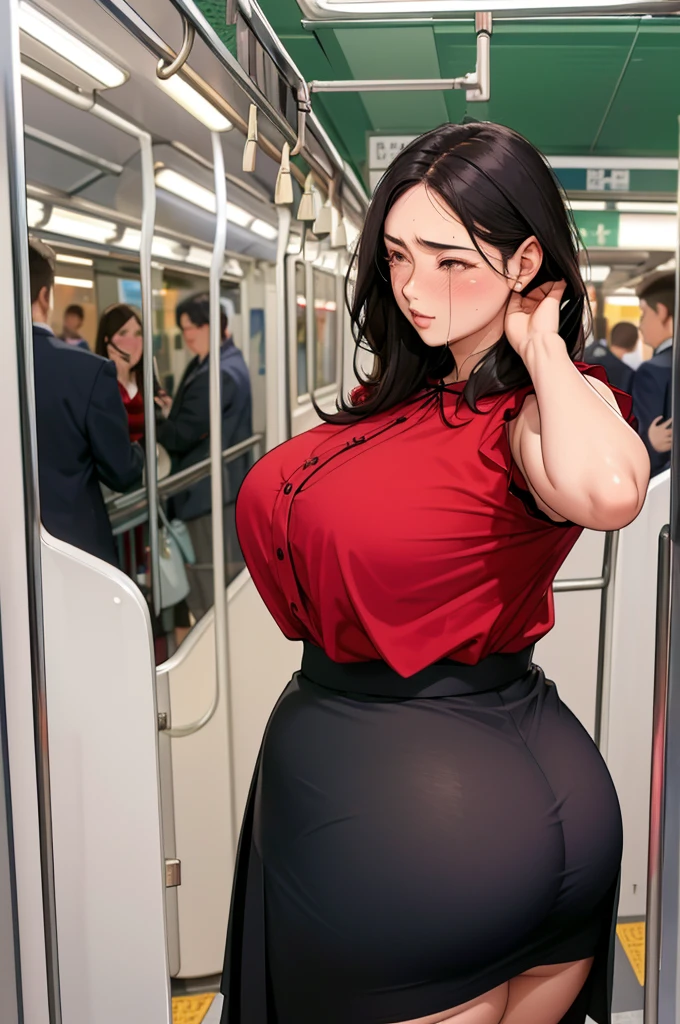 (dark madder red blouse,sleeveless,arms-baring:1.3),sideshot,from behind,(naughty undies:1.2),black and long flare skirt,(lifted and revealing skirt),thick arms,(pov hands on buttocks,groping woman,ass grab,:1.3),single mole on cheek,black hair,voluminous hair,unkempt hair,plump tall woman, blushed and crying,27 years old,(fair skin:1.3),(cute eyes,tareme),plump oval face,light makeup,standing in train,leaning on train door,,skirt lifted,