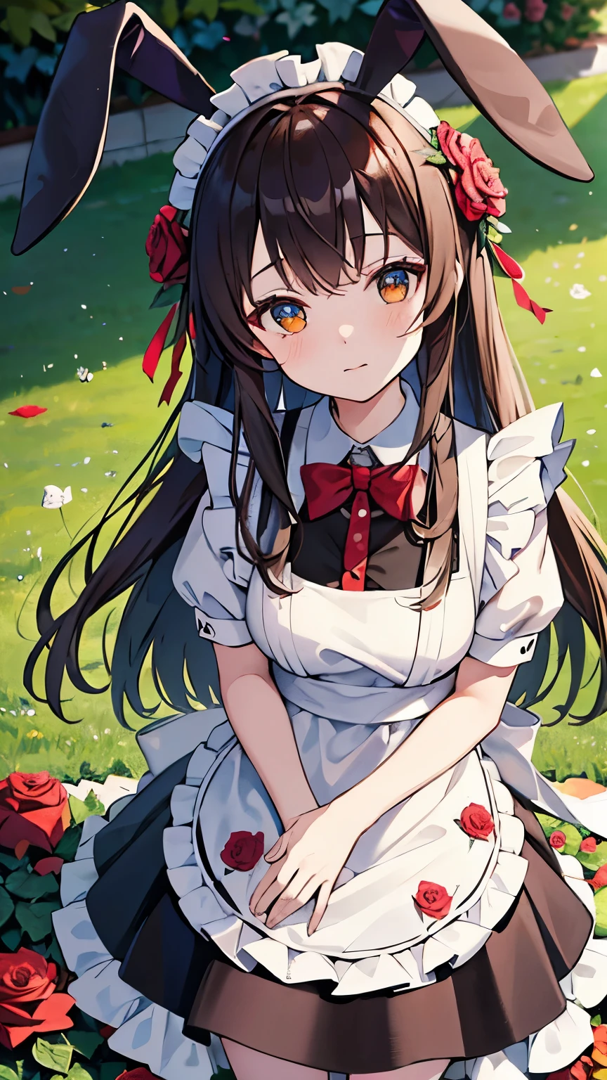 (brown hair), hair one side up, from below, ((rabbit ears)), maid headdress, (((masterpiece))), ((textured skin)), (((high details))), highres, cute, lovely, maid, apron dress, ((rose garden)), sunlight