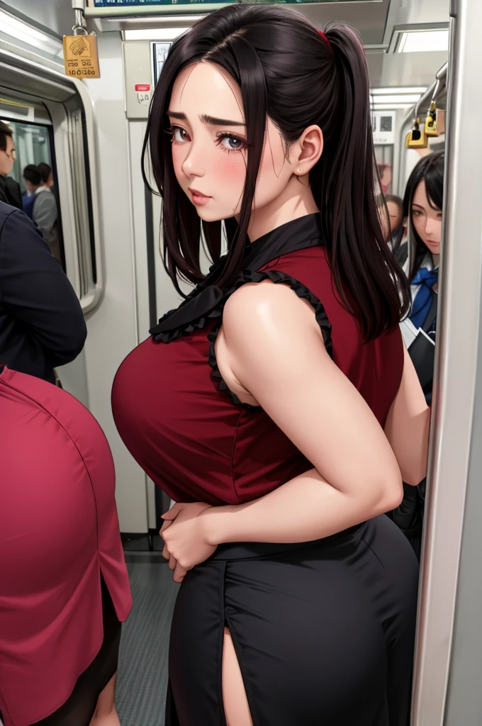 (dark madder red sleeveless blouse,arms-baring:1.3),sideshot,from behind,(naughty undies:1.2),black and long flare skirt,(skirt lifted:1.3),thick arms,(pov hands on buttocks,groping woman,ass grab,:1.3),single mole on cheek,black hair,voluminous hair,unkempt hair,plump tall woman, blushed and crying,27 years old,(fair skin:1.3),(cute eyes,tareme),plump oval face,light makeup,standing in train,leaning on train door,,skirt lifted,