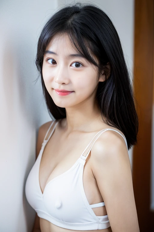 Real, highest quality, girl, high school girl, high resolution, natural skin, portrait, looking at camera, Photo_Light, {{}}, Ulzzang-6500-v1.1:0.8 Forward facing, upright, no makeup, inorganic white wall indoors In front of him, big eyes, swimsuit, whole body, smile, serious honor student, black hair that is neatly styled straight, toned abs, forehead sticking out, whole body facing forward.