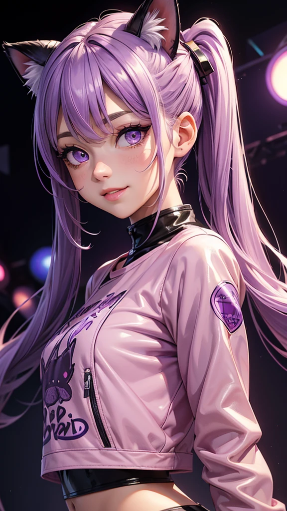 (high resolution, upper body, soft skin:1.2),(best illustration,masterpiece:1.2),ultra-detailed,[(purple eyes, purple makeup cat ears , purple inside:1.2, twin tail),vivid colors,sharp focus,portrait,studio lighting,bokeh, wearing a anime shirt, pink leather jacket, pink latex mini shorts, smiling, rock concert background, 