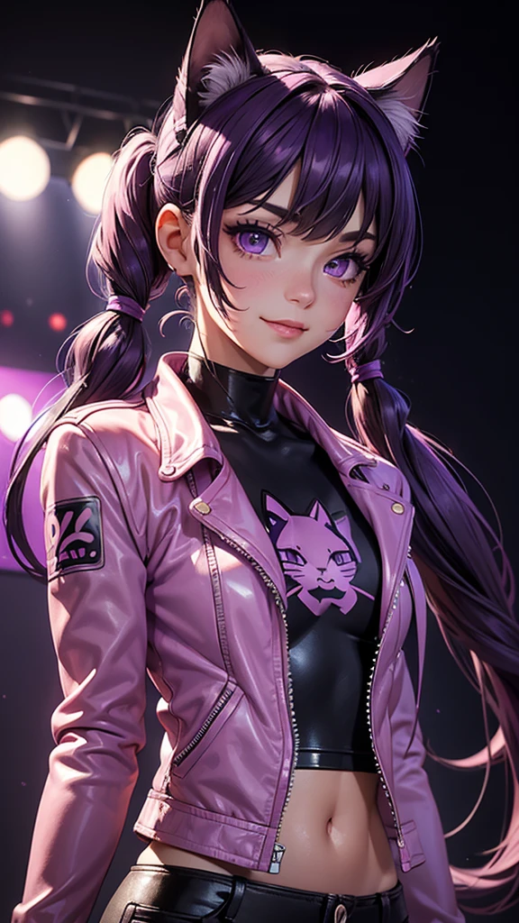 (high resolution, upper body, soft skin:1.2),(best illustration,masterpiece:1.2),ultra-detailed,[(purple eyes, purple makeup cat ears , purple inside:1.2, twin tail),vivid colors,sharp focus,portrait,studio lighting,bokeh, wearing a anime shirt, pink leather jacket, pink latex mini shorts, smiling, rock concert background, 