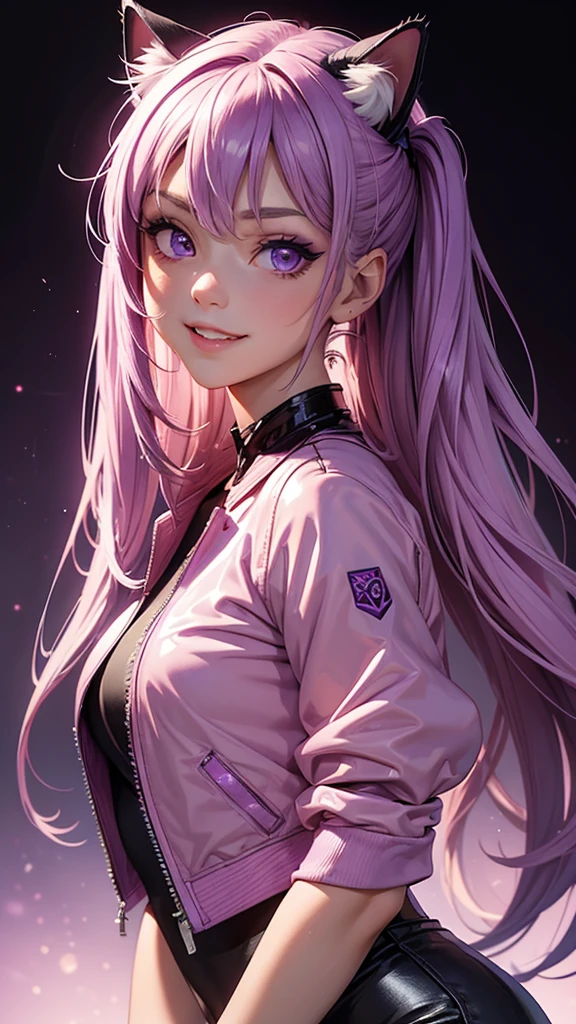 (high resolution, upper body, soft skin:1.2),(best illustration,masterpiece:1.2),ultra-detailed,[(purple eyes, purple makeup cat ears , purple inside:1.2, twin tail),vivid colors,sharp focus,portrait,studio lighting,bokeh, wearing a anime shirt, pink leather jacket, pink latex mini shorts, smiling, rock concert background,