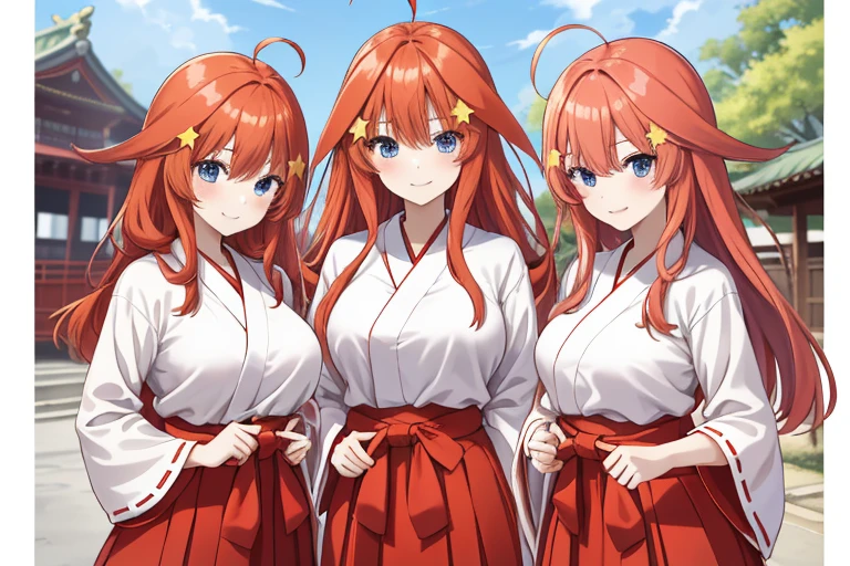 2d, masterpiece, best quality, anime, highly detailed, 5 girl, photo of 5 girl, quintuplets, nakano itsuki, red hair, long hair, star hair ornament, ahoge, large breasts, standing, miko, white hakama with red hakama, outdoors, smile, temple, 