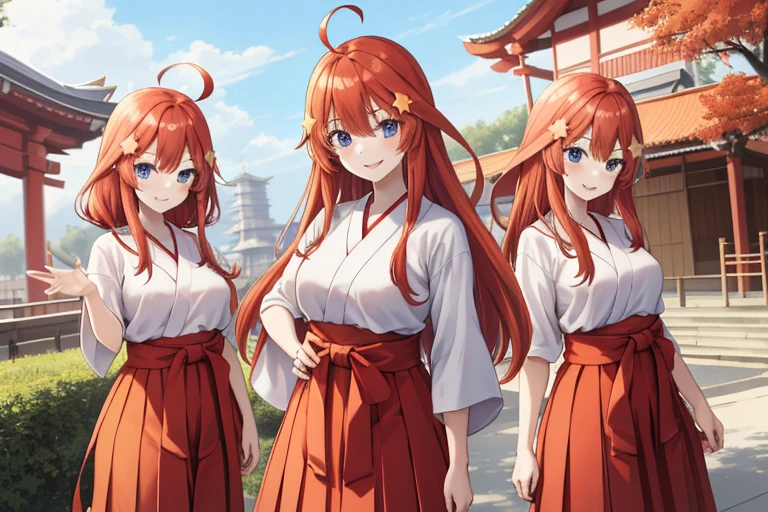 2d, masterpiece, best quality, anime, highly detailed, 5 girl, photo of 5 girl, quintuplets, nakano itsuki, red hair, long hair, star hair ornament, ahoge, large breasts, standing, miko, white hakama with red hakama, outdoors, smile, temple,