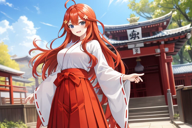 2d, masterpiece, best quality, anime, highly detailed, 5 girl, photo of 5 girl, quintuplets, nakano itsuki, red hair, long hair, star hair ornament, ahoge, large breasts, standing, miko, white hakama with red hakama, outdoors, smile, temple, 