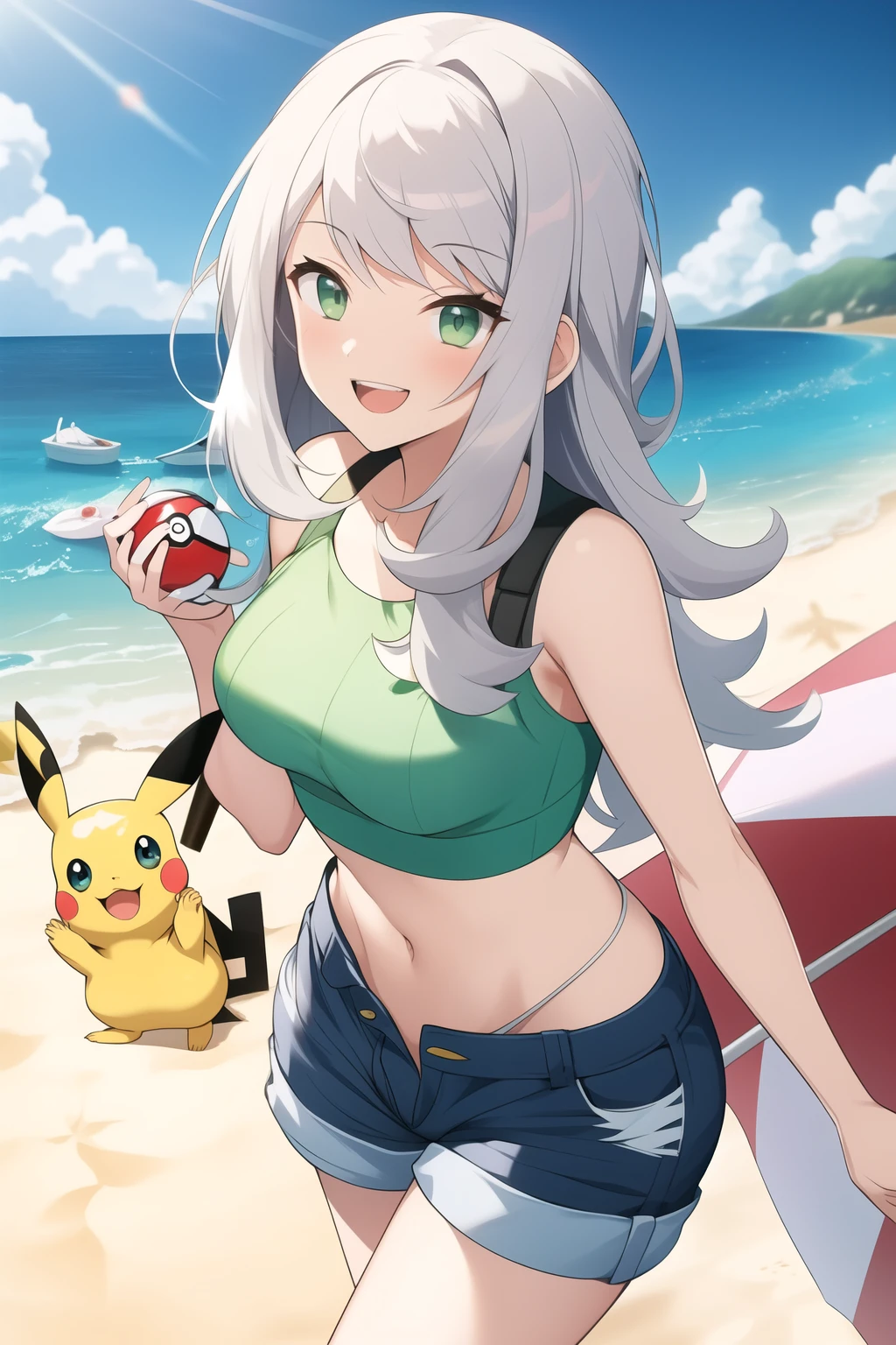 high shot, beautiful view of a beach, parasol, beach towel, in the background a long white hair, adult woman grey-green eyed, Pikachu, crop top and bleached jean shorts, laughing, dancing,  poke balls in the sand, Pokémon style, scenic and expressive ((best quality)), ((chef-d&#39;artwork)), (detailed), visage parfait