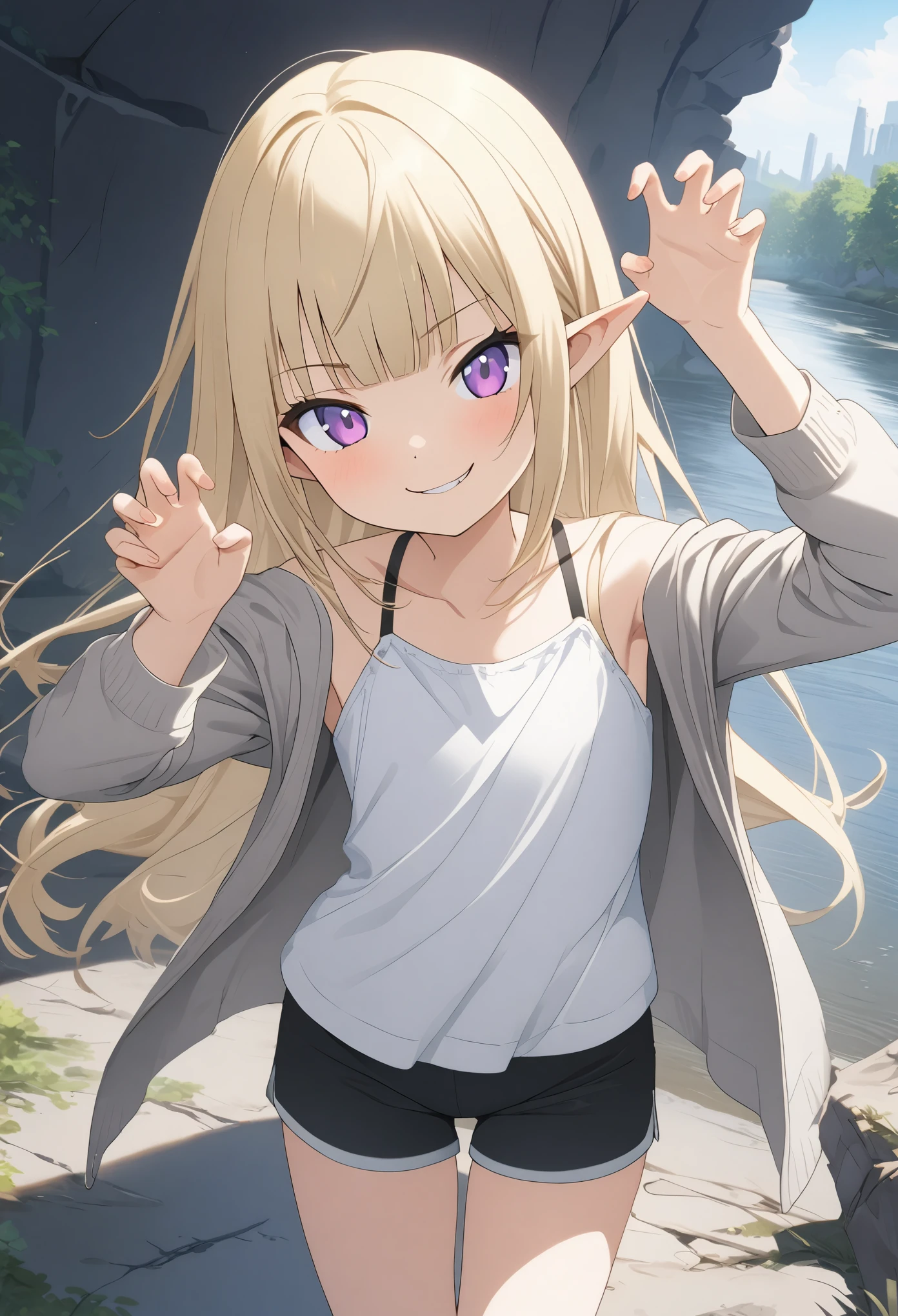 ((12 years old)), (1girl), cute young girl, BREAK, (smirk face:1.3), (Beautiful purple eyes:1.5), (dark skin), elf girl, wear a long cardigan, flat chest, slender waist, (oblique blunt bangs), Shiny unruly hair, long hair, ((beautiful blond hair)), wear a long cardigan and thin tanktop, shortpants, ((Masterpiece)), (Anime:1.3), ((best quality)), (super detail), (High Definition:1.3), (Professional Photography:1.2), ((absurdres)), BREAK, 🌈, (claw Pose), (on the riverside), Beautiful ruins Background, ((best quality)),