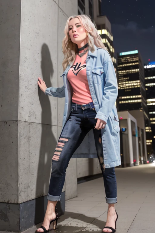 1girl,(solo:1.5),(solo focus:1.5),Cynthia,blonde hair,hair over one eye,hair ornament,very long hair,wavy hair,grey eyes,large breasts,desperation,standing,wetting self,peeing stain,fur collar,furr-trimmed coat,black jeans,embarrassed,humiliated,futuristic,city,neon lights,(best quality,4k,8k,highres,masterpiece:1.2),ultra-detailed,vivid colors,sharp focus,long hair flowing in the wind,(colorful skyscrapers:1.5),reflection in the wet pavement,expressions of desperation and embarrassment captured perfectly,futuristic cityscape as the background,streets lined with towering buildings,intricate details in Cynthia's face and hair,subtle reflections in her grey eyes,subtle blush on her cheeks,revealing her embarrassment,intricate details depicting the large pee stain on Cynthia's jeans