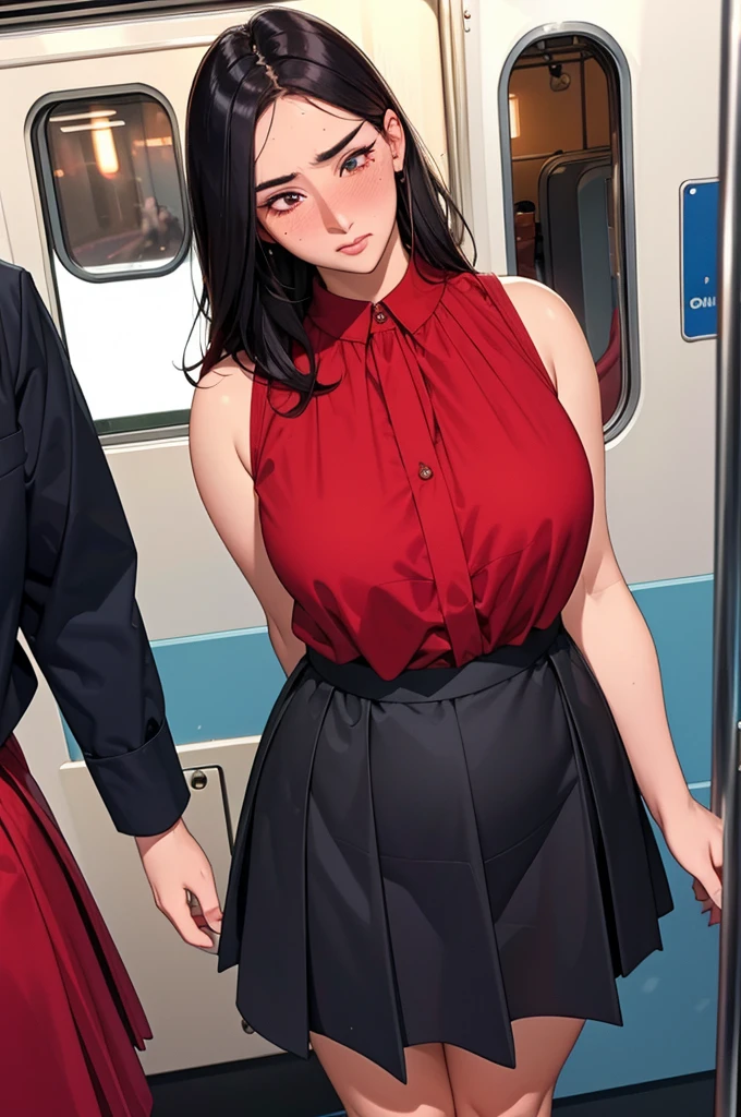 (dark madder red blouse,sleeveless,arms-baring:1.3),look up at viewer,(black and long flare skirt),thick arms,pov,close up,close to viewer,from above,frontshot,single mole on cheek,black hair,voluminous hair,unkempt hair,plump tall woman,aroused,(blushed:1.5),27 years old,(fair skin:1.3),(cute eyes,tareme),plump oval face,light makeup,standing in train,leaning on train door,skirt lifted,