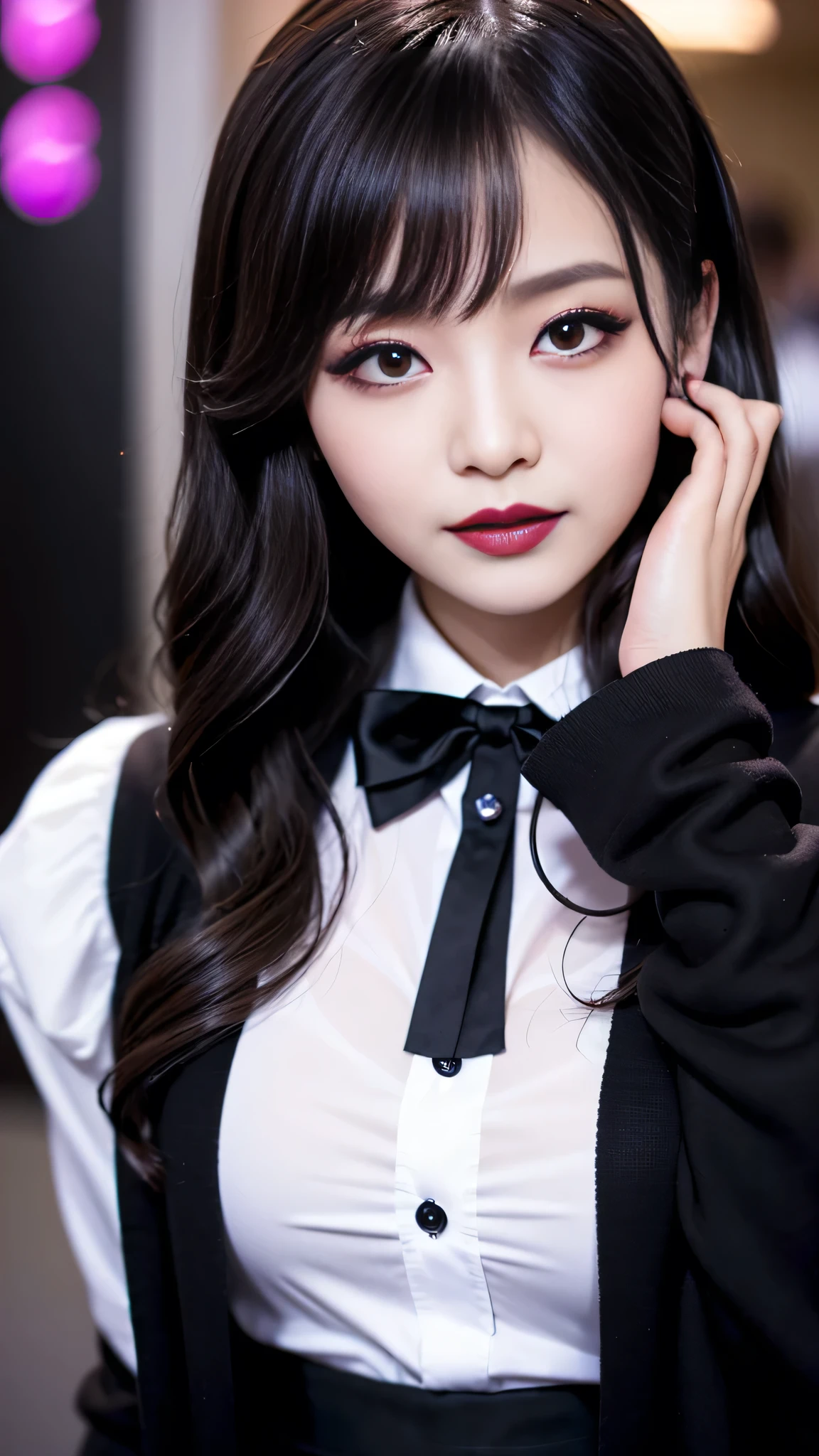 best quality、ultra-detailed、4k、Japanese、Seductive beauty、seductive adult woman、Pretty Woman、cool girl、Villainess、Brainwashed、brainwash、Fallen into evil、smirk、Evil look、Wicked Smile、evil、Brown hair、wavy hair、swept bangs、dark makeup、dark makeup、piercing eyes、hollow eyes,half-closed eyes、Hollow Eyes、purple Eyeshadow、black lipstick、black lipglos、student、uniform、Black cardigan、White Shirt、Black Ribbon、flare skirt、pantyhose、night、inside darkroom、Applying lipstick、Emblem of Evil、Crest of Darkness、Swear allegiance、I have pledged my allegiance、Dye black、Blackening、Stained with evil、Dyed in darkness、Seduce