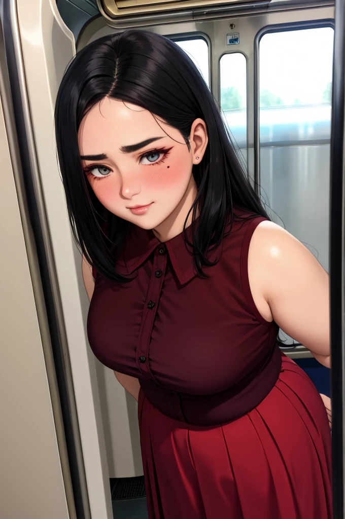 (dark madder red blouse,sleeveless,arms-baring:1.3),look up at viewer,(black and long flare skirt),thick arms,pov,close up,close to viewer,from front and above,single mole on cheek,black hair,voluminous hair,unkempt hair,plump tall woman,aroused,(blushed:1.5) and grinning,27 years old,(fair skin:1.3),(cute eyes,tareme),plump oval face,light makeup,standing in train,leaning on train door,skirt lifted,