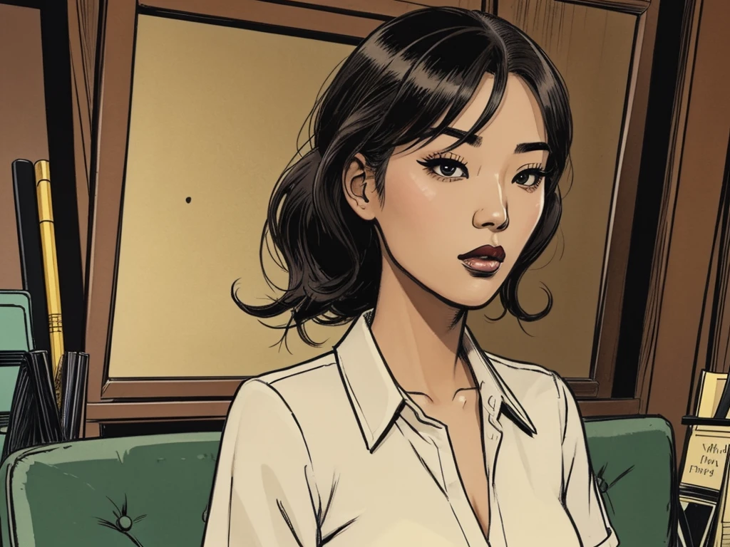 2d cartoon,masterpiece, An asian woman, office uniform, bold makeup