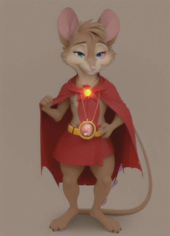 mrsbrisby, semi-anthro, furry female, mouse girl, red cape, holding amulet, necklace, solo, standing, (body fur:1.3), (best quality:1.1), looking at viewer, (macro nature background:1.2), soft lighting, (detailed fluffy fur), smile, tail,  