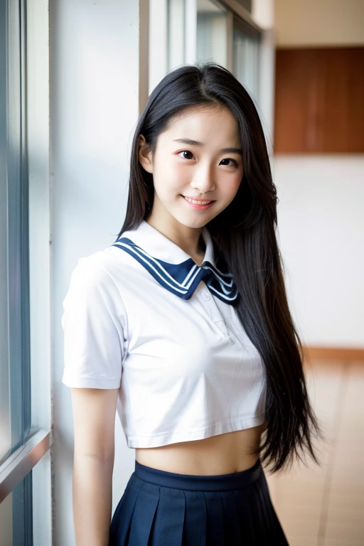 Real, highest quality, girl, high school girl, high resolution, natural skin, portrait, looking at camera, Photo_Light, {{}}, Ulzzang-6500-v1.1:0.8 Forward facing, upright, no makeup, inorganic white wall indoors In front of her, big eyes, student uniform, very cute, full body, smile, serious honor student, black hair, very neatly styled straight hair, toned abs, forehead sticking out, whole body facing forward.