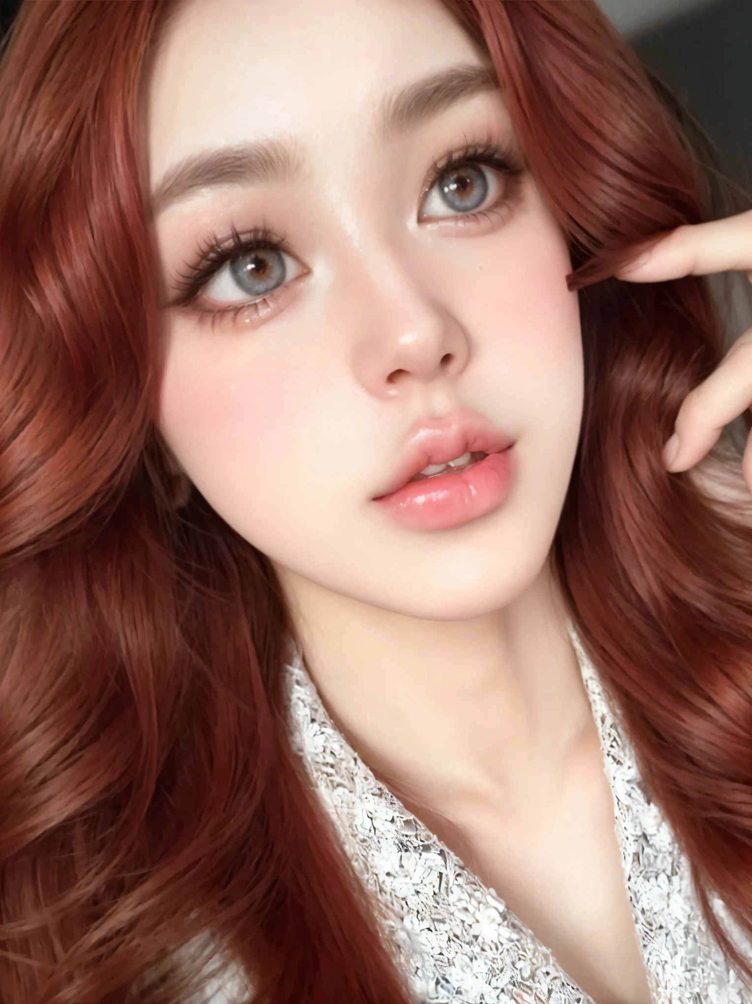 un primer plano de una mujer con largo cabello rojo y una camisa blanca, retrato realista kawaii, ojos grandes y hermosos y realistas, inspirado en Yanjun Cheng, ulzzang, fotorrealista beautiful face, hermoso rostro realista, maquillaje coreano popular, maquillaje popular de corea del sur, hermoso rostro realista, cara linda y clara, piel brillante, cara hermosa y realista, fotorrealista!!!!!!! Estilo de Arte
