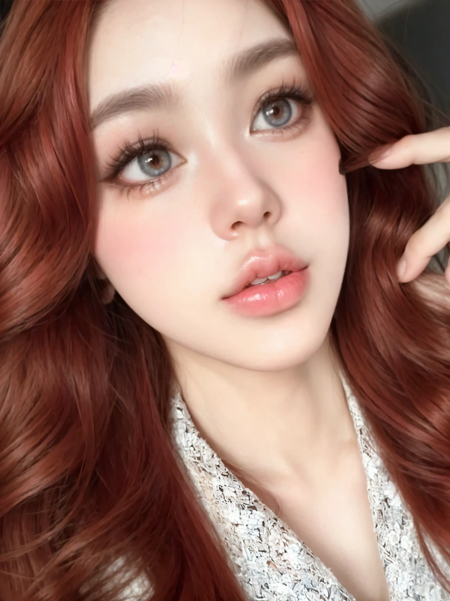 un primer plano de una mujer con largo cabello rojo y una camisa blanca, retrato realista kawaii, ojos grandes y hermosos y realistas, inspirado en Yanjun Cheng, ulzzang, fotorrealista beautiful face, hermoso rostro realista, maquillaje coreano popular, maquillaje popular de corea del sur, hermoso rostro realista, cara linda y clara, piel brillante, cara hermosa y realista, fotorrealista!!!!!!! Estilo de Arte