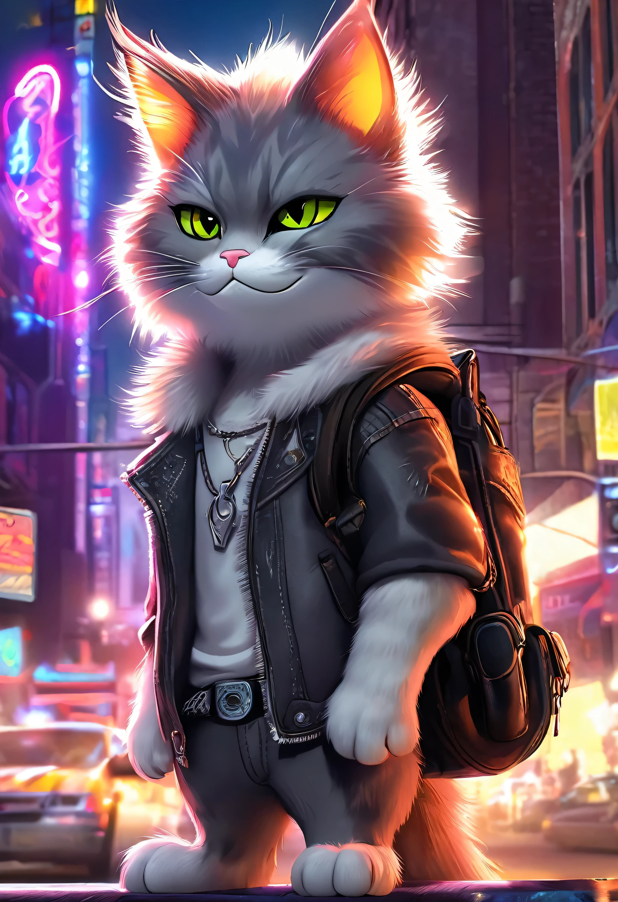 1 chico gato rockero, (decolaed fluffy fur), piel del cuerpo, solo, orejas de gato, pelo de dos tonos grises, (alta calidad), high resolution, decolaed eyes, decolaed shadows, (alta calidad), high resolution (pintura digital), (8k), (cola: 1.1), edificios de la ciudad, horizonte, (mano en el bolsillo: 1.1), vaqueros, (luces de neon: 1.1), noche, atestado, luz brillante, neon, , camiseta banda de rock, (gris [pelaje del cuerpo]), amplia sonrisa, decolaed eyes, (((ambas manos en los bolsillos)))