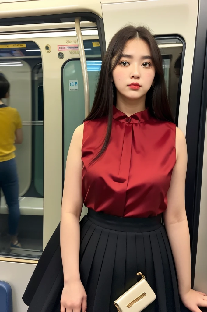 (dark madder red blouse,sleeveless,arms-baring:1.3),look up at viewer,(black and long flare skirt),thick arms,pov,close up,close to viewer,from above,frontshot,single mole on cheek,black hair,voluminous hair,unkempt hair,plump tall woman,aroused,27 years old,(fair skin:1.3),(cute eyes,tareme),plump oval face,light makeup,standing in train,leaning on train door,skirt lifted,