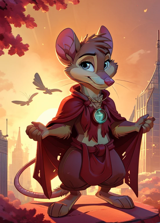 mrsbrisby, semi-anthro, furry female, mouse girl, red cape, holding amulet, necklace, solo, standing, (body fur:1.3), (best quality:1.1), looking at viewer, (macro nature background:1.2), soft lighting, (detailed fluffy fur), smile, tail,  