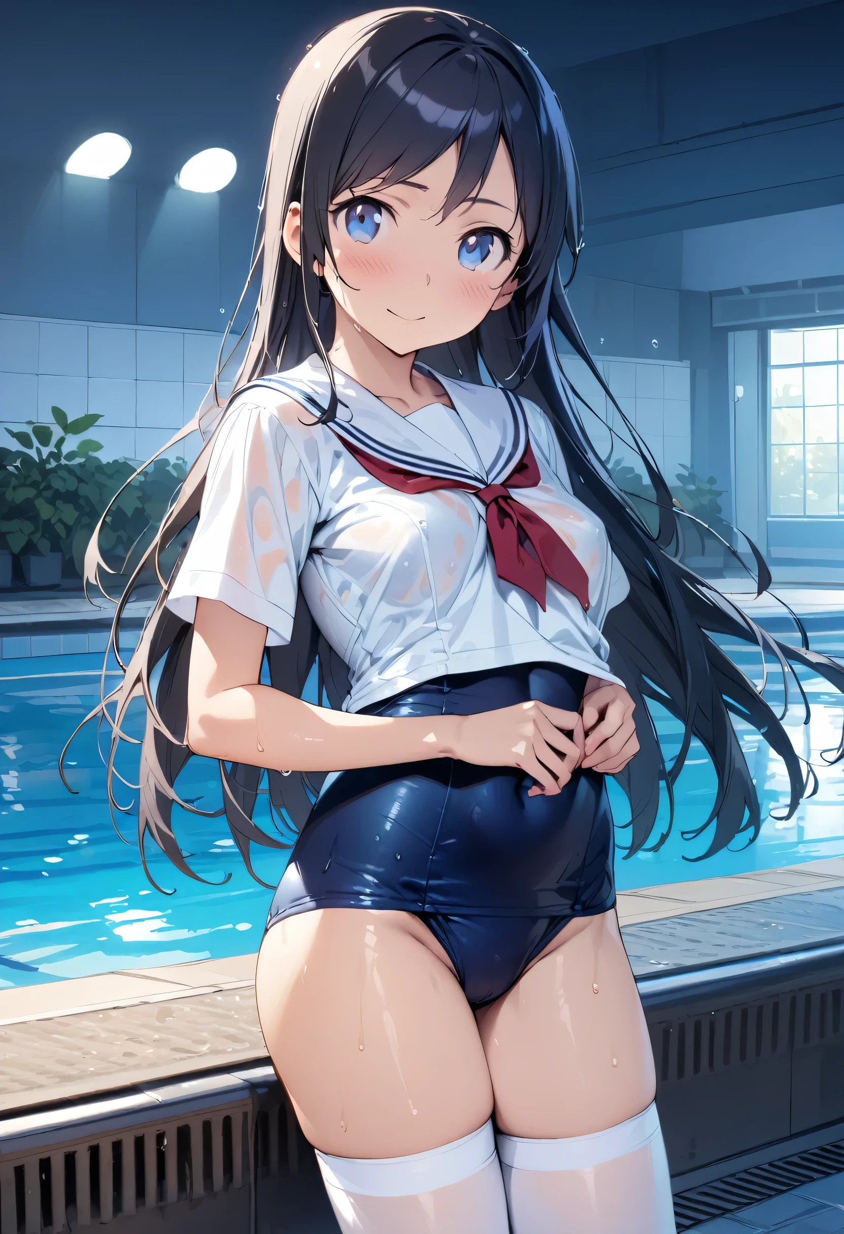 (masterpiece),(best quality),(ultra-detailed),(best illustration),(best shadow),(absurdres),(detailed background),(very aesthetic), ayase aragaki, beautiful female,, solo, long hair, black hair, smile, blue eyes, blush, embarrassed, white shirt, (sailor collar:1.2), (red tie:1.3), (wear white  top over school swimsuit:1.2), (shut shirt front), (white shirt covers the bosom of the swimsuit:1.1), (short sleeves:1.1), (blue one-piece swimsuit:0.7), Parted clothes at the top and bottom, covered navel with swimsuit, (white thighhighs:1.2), loafers,, ((cowboy shot)), knee, night pool, poolside, wet body,