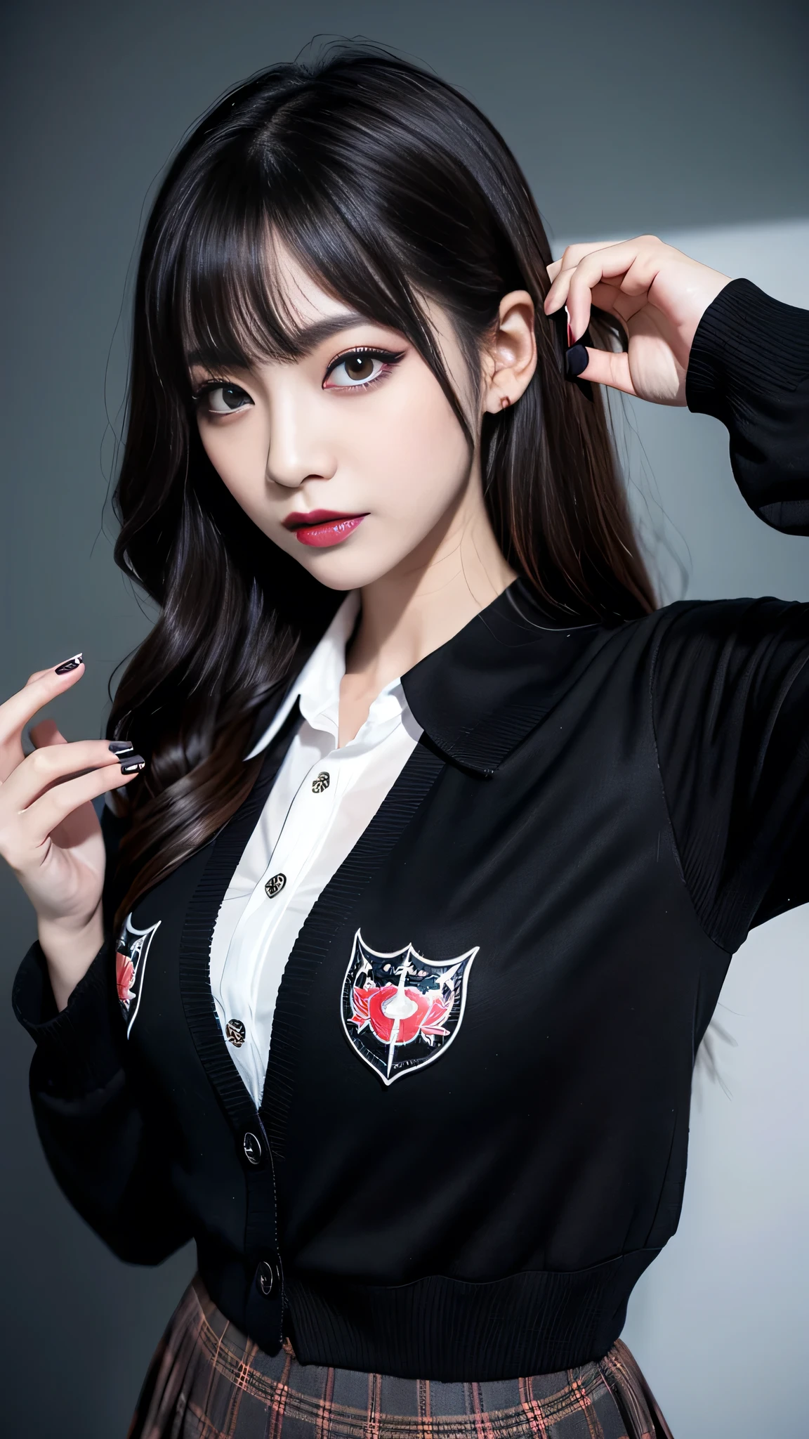 best quality、ultra-detailed、4k、Japanese、Seductive beauty、seductive adult woman、Pretty Woman、cool girl、Villainess、Brainwashed、brainwash、Fallen into evil、smirk、Evil look、Wicked Smile、evil、Brown hair、wavy hair、swept bangs、dark makeup、dark makeup、piercing eyes、hollow eyes,half-closed eyes、Hollow Eyes、purple Eyeshadow、black lipstick、black lipglos、student、uniform、Black cardigan、White Shirt、Black Ribbon、flare skirt、pantyhose、night、inside darkroom、Applying lipstick、Emblem of Evil、Crest of Darkness、Swear allegiance、I have pledged my allegiance、Dye black、Blackening、Stained with evil、Dyed in darkness、Seduce