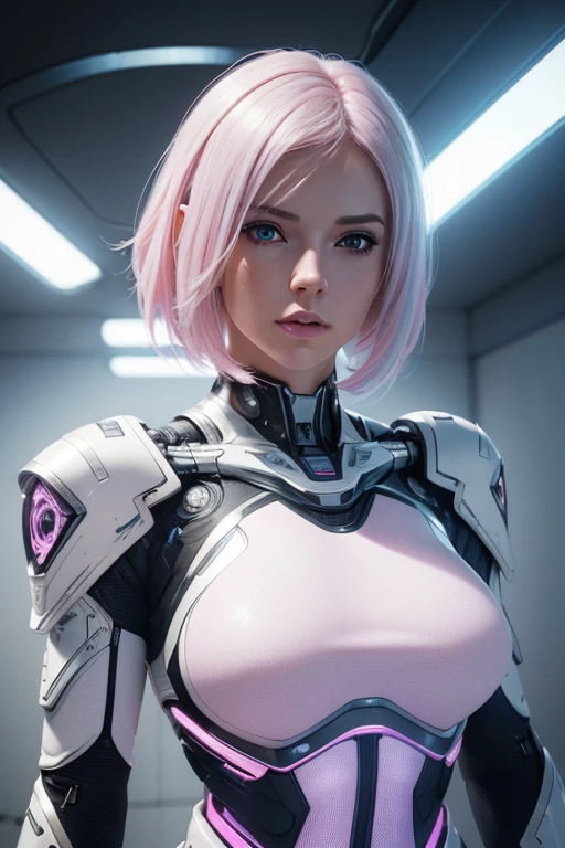 (best quality,4k,8k,highres,masterpiece:1.2), ultra-detailed, (realistic,photorealistic,photo-realistic:1.37), pink skinned female, cyborg, white hair, cut hair, blue and white outfit, vibrant colors, glowing lights, futuristic concept art, metallic textures, sharp focus, dynamic composition, dramatic lighting, sideral space