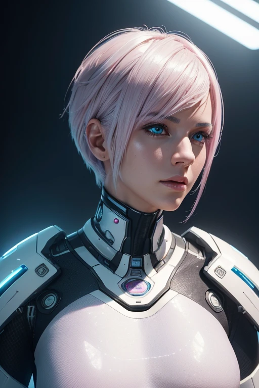 (best quality,4k,8k,highres,masterpiece:1.2), ultra-detailed, (realistic,photorealistic,photo-realistic:1.37), pink skinned female, cyborg, white hair, cut hair, blue and white outfit, vibrant colors, glowing lights, futuristic concept art, metallic textures, sharp focus, dynamic composition, dramatic lighting, sideral space