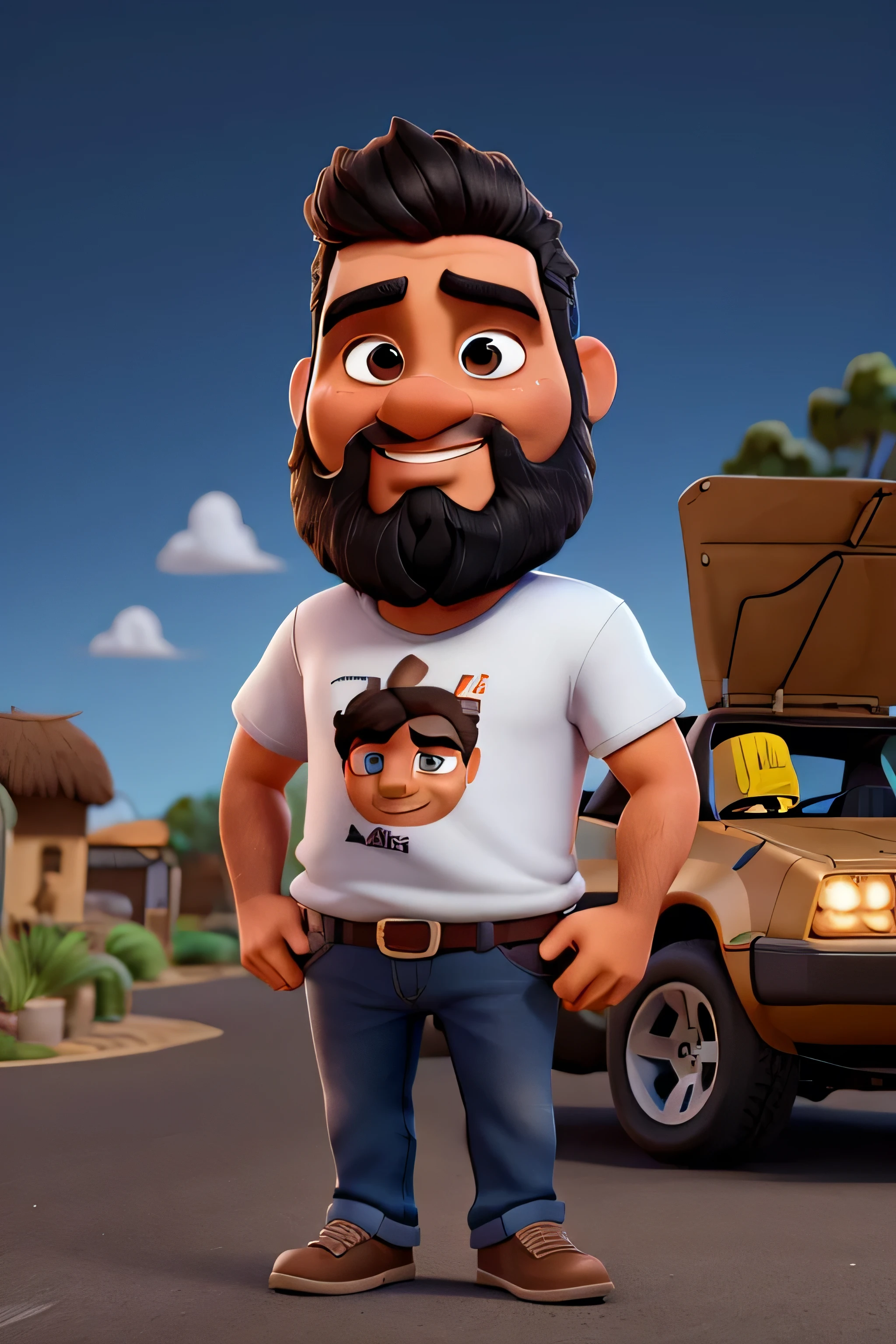 ilustracao de homem gordinho com barba latino estilo pixar, t-shirt black com barba de lenhador, bermuda camuflada, Da frente, Metade do comprimento, delorean no fundo