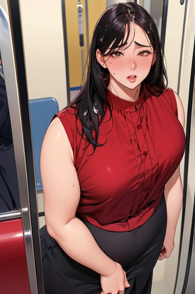 (dark madder red blouse,sleeveless,arms-baring:1.3),look up at viewer,(black and long flare skirt),thick arms,pov,close up,close to viewer,from above,frontshot,single mole on cheek,black hair,voluminous hair,unkempt hair,plump tall woman,aroused,(aroused and blushed,orgasm:1.5),27 years old,(fair skin:1.3),(cute eyes,tareme),plump oval face,light makeup,standing in train,leaning on train door,skirt lifted,