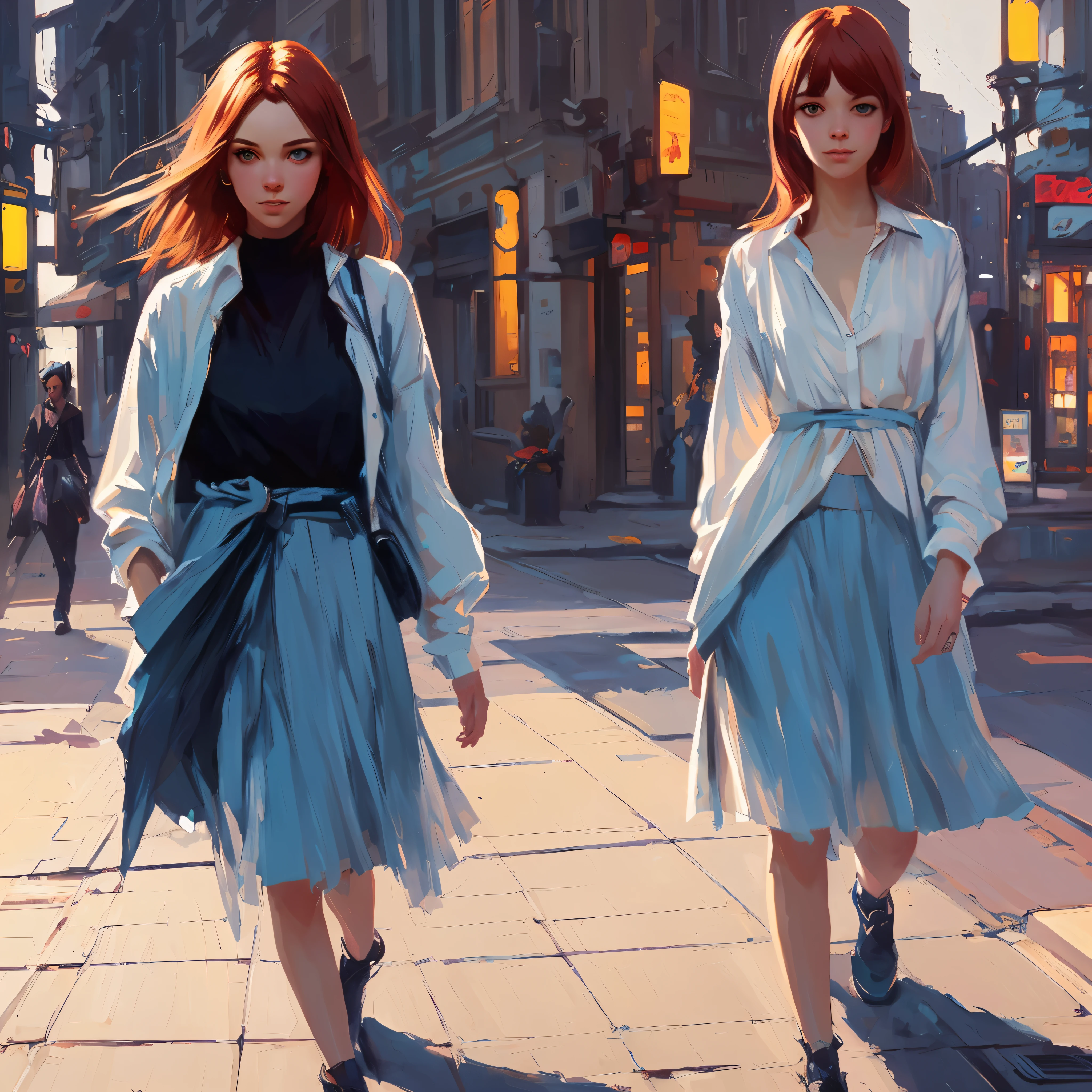 art by Ilya Kuvshinov, art by Jeremy Mann a ultra cute ginger fuzzy young women, walking in the city, a hyper ultra pale lite blue eyes, art by Ilya Kuvshinov, luminous skin, translucent skin