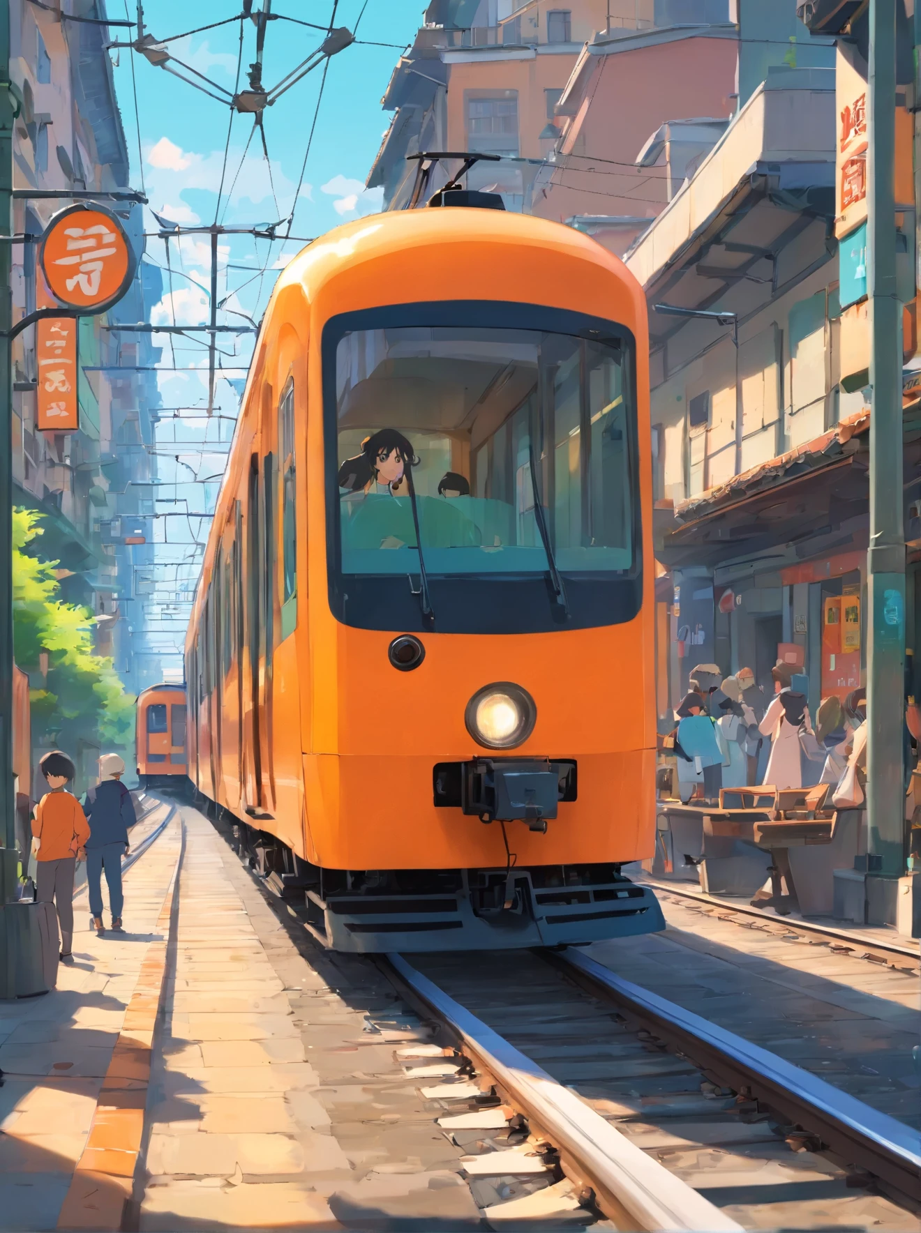 Alafid train running on the tracks,The background is a bridge, orange line, city charging, tramss, trains in the background, Environmental photography, cover shoot, tramss ) ) ), 2 0 2 2 photo, vienna city, meter, Vibrant environment, trams, photo