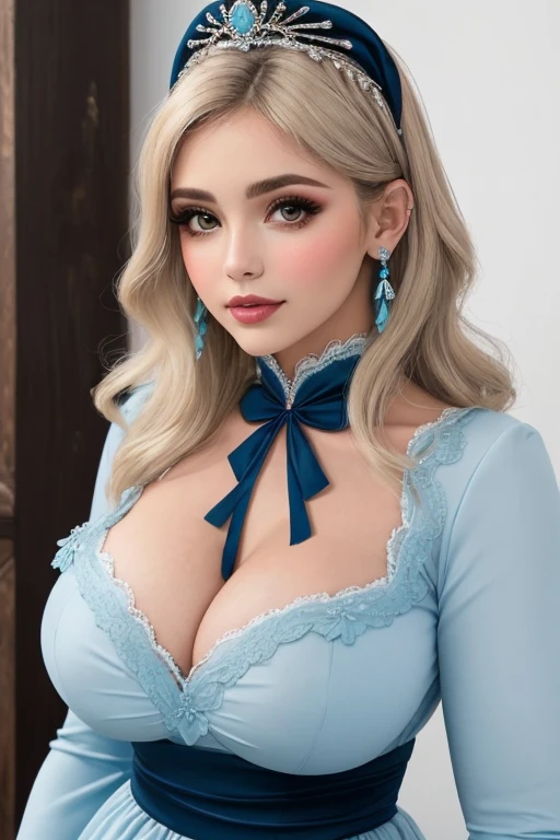 cenicienta rubia (beauty) ((busty)) vestido azul celeste con blancos (peinado de chongo recogido) con diadema azul claro, gargantilla negra (guantes largos blancos)