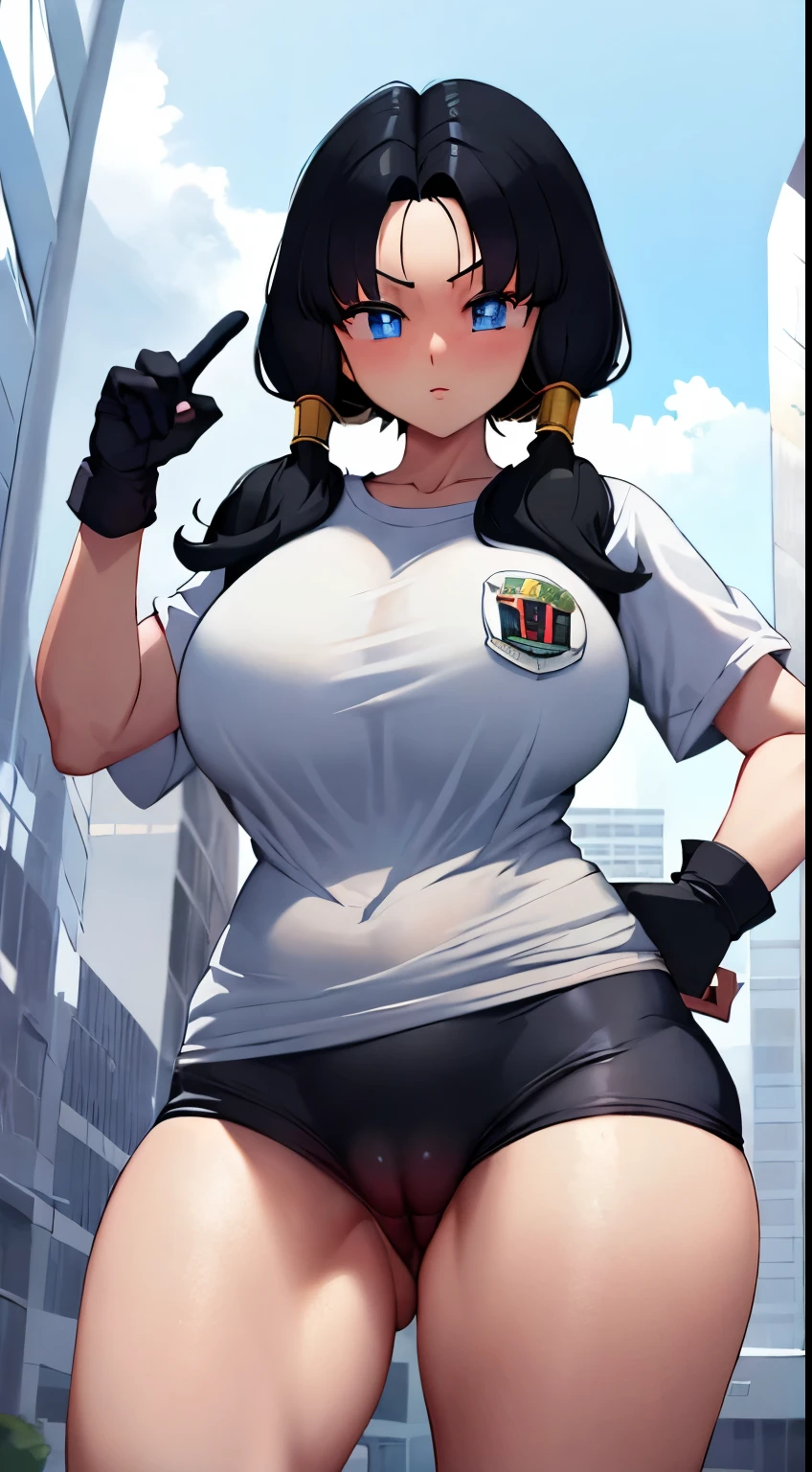 Videl's breasts measure 106 cm, masterpiece, best quality, highres, videl2, solo, blue eyes, black hair, twintails, black gloves, bike_shorts, bangs, white shirt, badge, cowboy shot, frown, hand on hip, leaning forward, pointing at viewer, Big Breasts , opening your legs, Nsfw , Focus crotch, detailed and sexy crotch , vulva Nsfw , Swollen vulva, big and voluptuous crotch vulva , Super tight shorts that highlight the vulva , POV