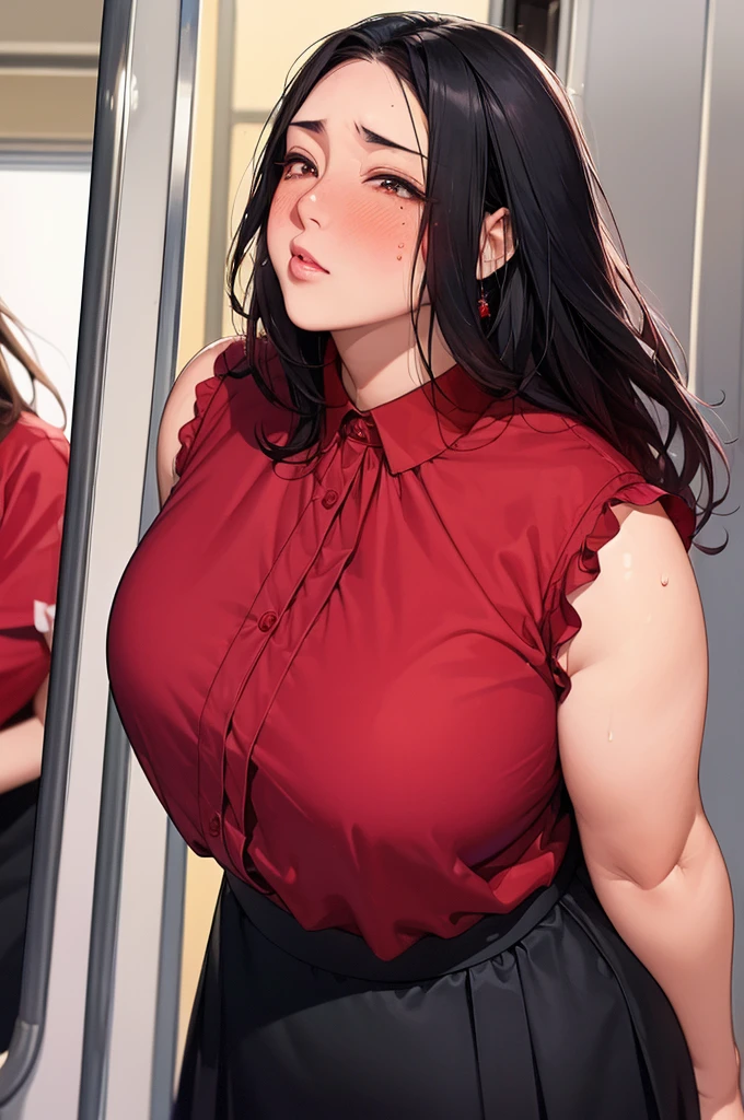 (dark madder red blouse,sleeveless,arms-baring:1.3),look up at viewer,(black and long flare skirt),thick arms,pov,close up,incoming kissing,(from above),frontshot,single mole on cheek,black hair,sweaty,voluminous hair,unkempt hair,plump tall woman,aroused,(aroused and blushed:1.5),27 years old,(fair skin:1.3),(cute eyes,tareme),plump oval face,light makeup,standing in train,leaning on train door,skirt lifted,