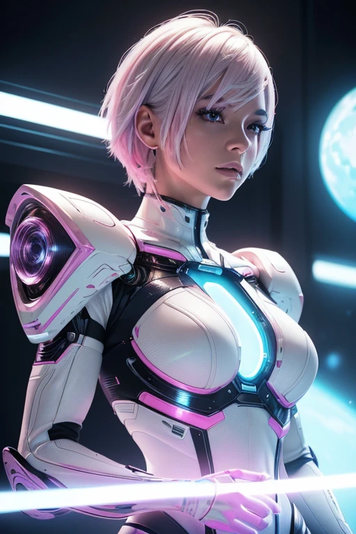 (best quality,4k,8k,highres,masterpiece:1.2), ultra-detailed, (realistic,photorealistic,photo-realistic:1.37), pink skinned female, alien cyborg, white hair, cut hair, blue and white outfit, vibrant colors, glowing lights, futuristic concept art, metallic textures, sharp focus, dynamic composition, dramatic lighting, sideral space, peculiar ear