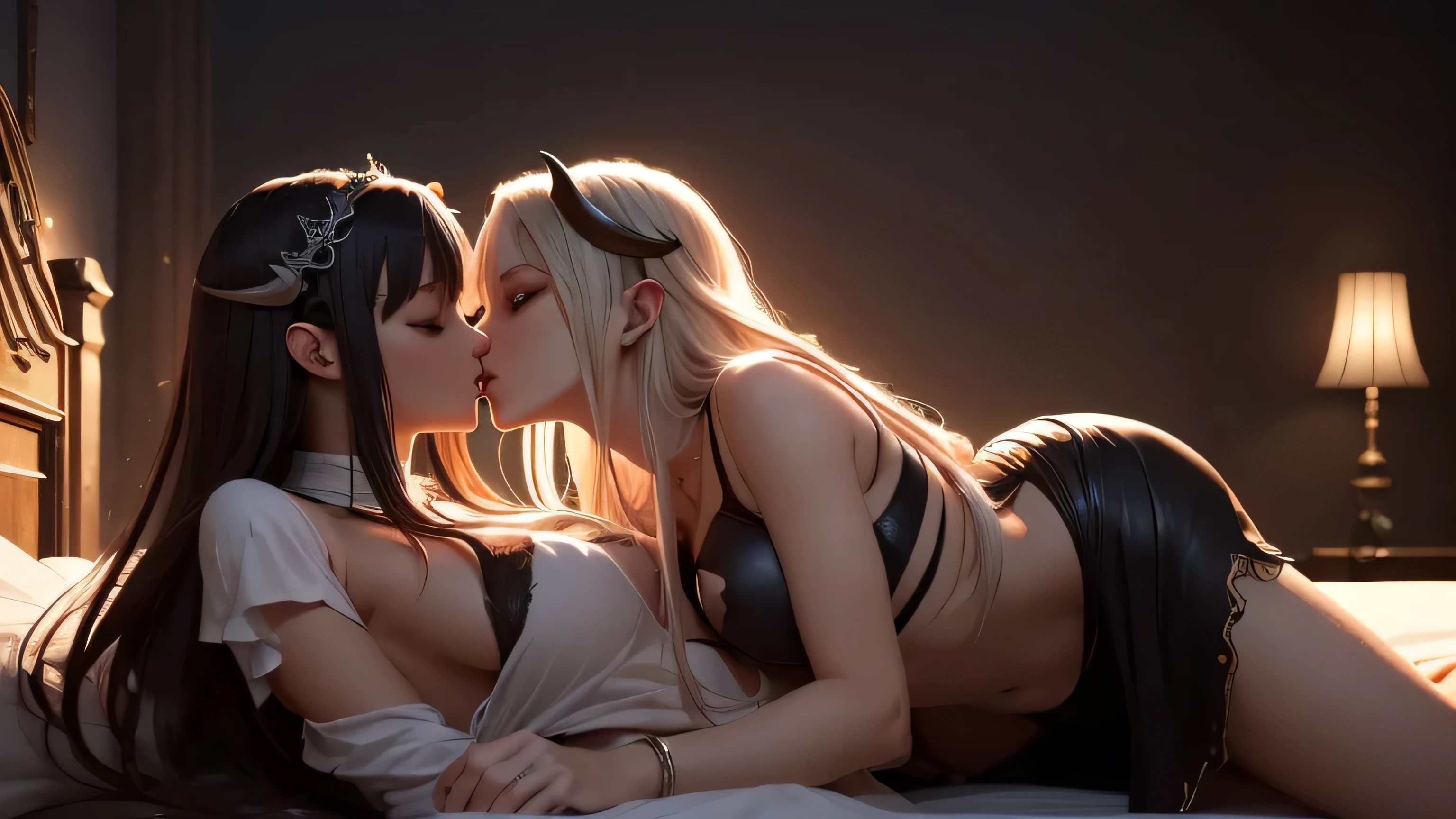 here is 2 kissing females one of then is holy knigh and other is demonic succubus queen, they hugging each other and passionaly kissing on the bed, (ultra high quality fantasy art, dafk fantasy style, masterpiece, ultra highquality character design, 8k quality anime art, realistic anime art, top quality wallpaper illustration, detailed ultra high quality acurate face, highquality design and acurate physic)