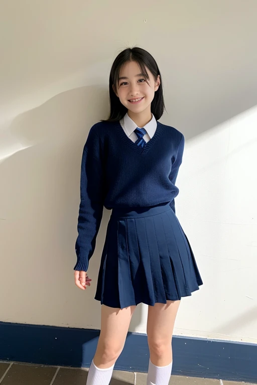 Real, highest quality, girl, high school girl, high resolution, natural skin, portrait, looking at camera, Photo_Light, {{}}, Ulzzang-6500-v1.1:0.8 Forward facing, upright, no makeup, inorganic white wall indoors In front of her, she has big eyes, a student uniform with a dark blue jumper skirt, she's very cute, her whole body is smiling, she's a serious honor student, her black hair is very neatly straight, her forehead is sticking out, and her whole body is facing forward.
