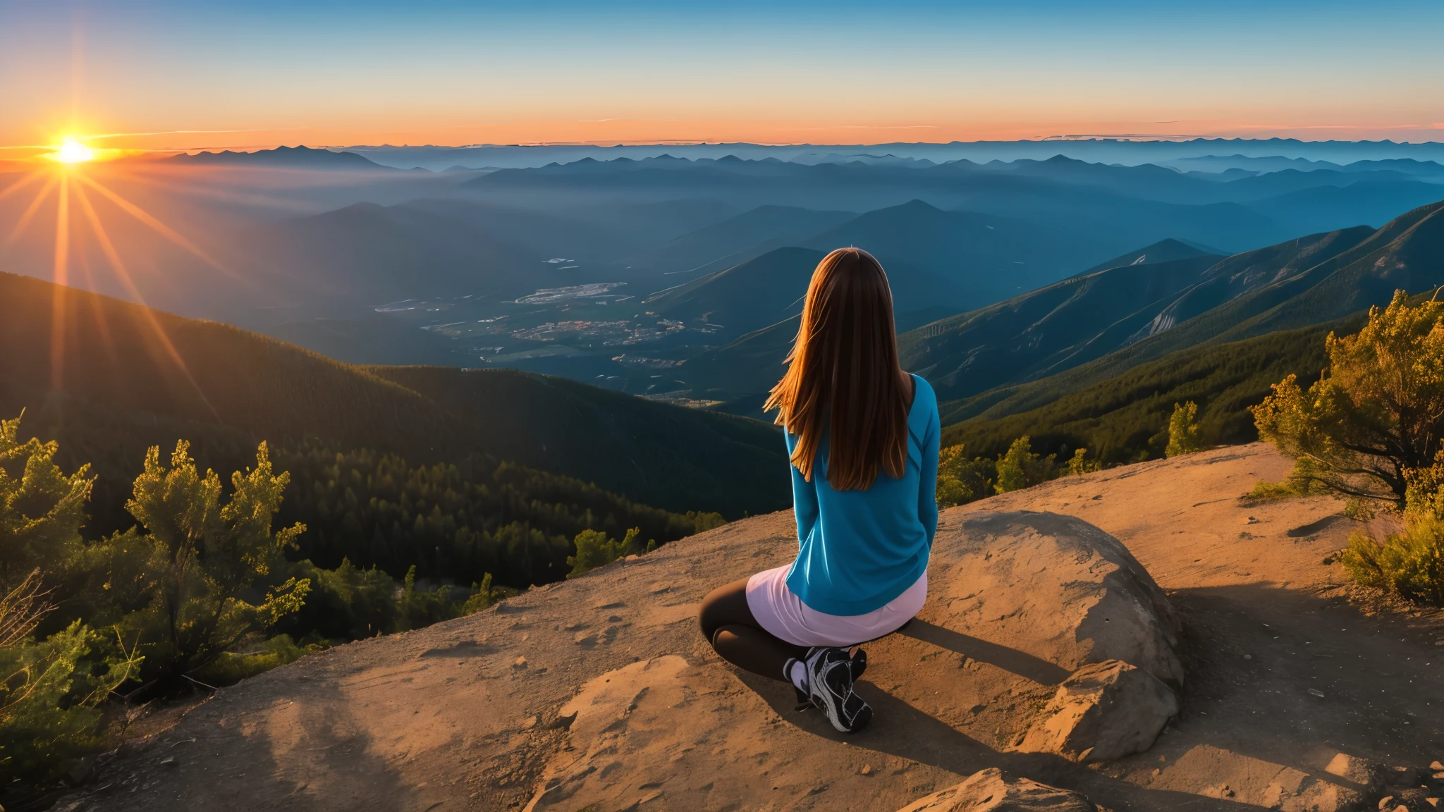 The girl watched the sunset on the top of the mountain