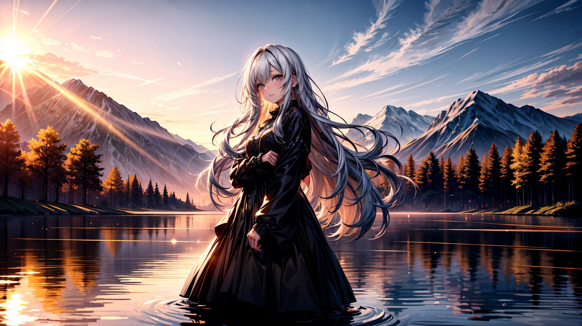 1 girl, serene expression, mesmerizing eyes, straight long hair, flowing dress, poised posture, porcelain skin, subtle blush, crystal pendant BREAK golden hour, (rim lighting):1.2, warm tones, sun flare, soft shadows, vibrant colors, painterly effect, dreamy atmosphere BREAK scenic lake, distant mountains, willow tree, calm water, reflection, sunlit clouds, peaceful ambiance, idyllic sunset, ultra detailed, official art, unity 8k wallpaper , zentangle, mandala
