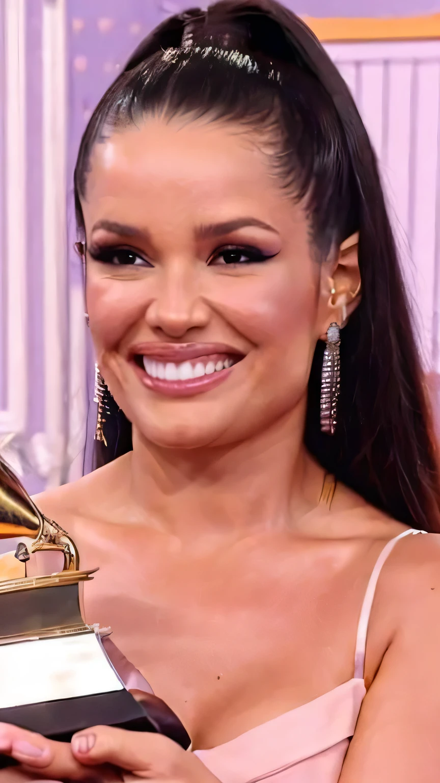 Photo of beautiful jul13tt3 woman, smiling, holding a grammy, point of view shot, closeup face