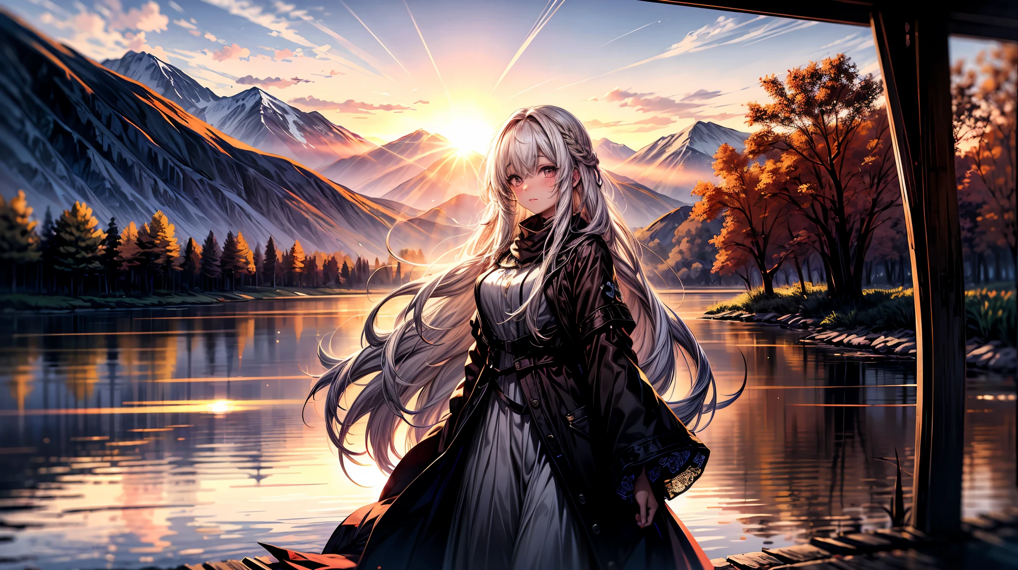 1 girl, serene expression, mesmerizing eyes, straight long hair, flowing dress, poised posture, porcelain skin, subtle blush, crystal pendant BREAK golden hour, (rim lighting):1.2, warm tones, sun flare, soft shadows, vibrant colors, painterly effect, dreamy atmosphere BREAK scenic lake, distant mountains, willow tree, calm water, reflection, sunlit clouds, peaceful ambiance, idyllic sunset, ultra detailed, official art, unity 8k wallpaper , zentangle, mandala
