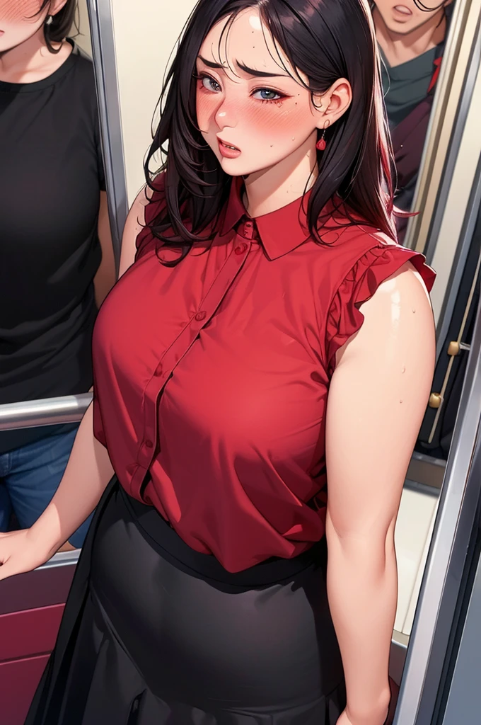 (dark madder red blouse,sleeveless,arms-baring:1.3),(look up at viewer:1.2),(black and long flare skirt),thick arms,(holding to a strap),pov,close up,incoming kissing,(from above),frontshot,single mole on cheek,black hair,sweaty,voluminous hair,unkempt hair,plump tall woman,aroused,(crowded train),(aroused and blushed:1.5),27 years old,(fair skin:1.3),(cute eyes,tareme),plump oval face,light makeup,standing in train,leaning on train door,skirt lifted,