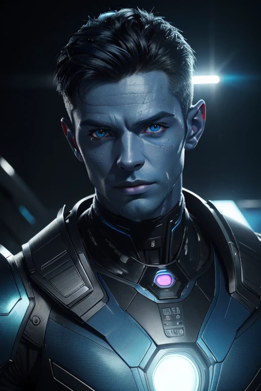 (best quality,4k,8k,highres,masterpiece:1.2), ultra-detailed, (realistic,photorealistic,photo-realistic:1.37), blue skinned male, alien cyborg, black hair, medio hair, blue outfit, vibrant colors, glowing lights, futuristic concept art, metallic textures, sharp focus, dynamic composition, dramatic lighting, sideral space, detail ear