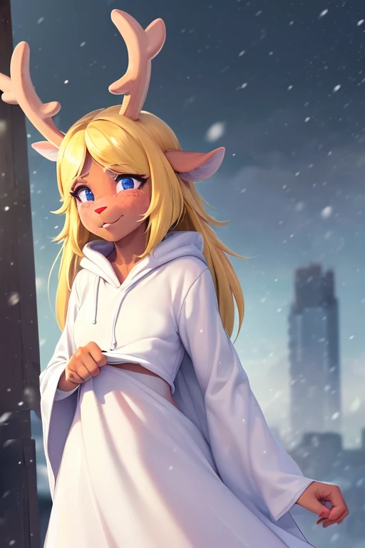 (noelle, furry female anthro, blonde hair, deer girl, red deer nose, white eyes, white pupils, white robe, hooded robe, midriff), sad, outstretched arms, green neon city, snowing arms up, crying