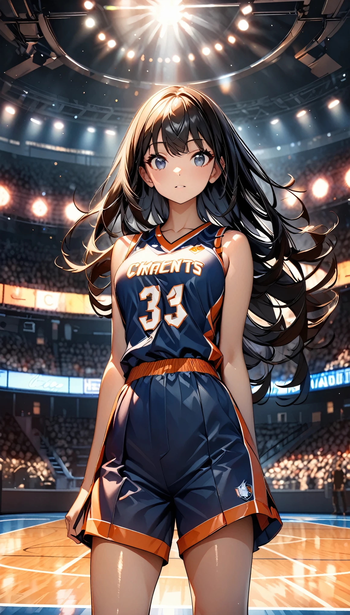 (highest quality:1.2, Very detailed, up to date, Vibrant, Ultra-high resolution, High Contrast, masterpiece:1.2, highest quality, Best aesthetics), (((1 girl))), Beautiful woman, Photon Mapping, Radio City, Physically Based Rendering, Cinema Lighting, Basketball court,Depth of written boundary, Sharp focus,Sunbeam, Good composition, (Bokeh:1.2), Fine grain, Random Pause, Tight waist, Basketball Uniforms, Shorts, Black Hair, Shiny straight hair, Long hair blowing in the wind,